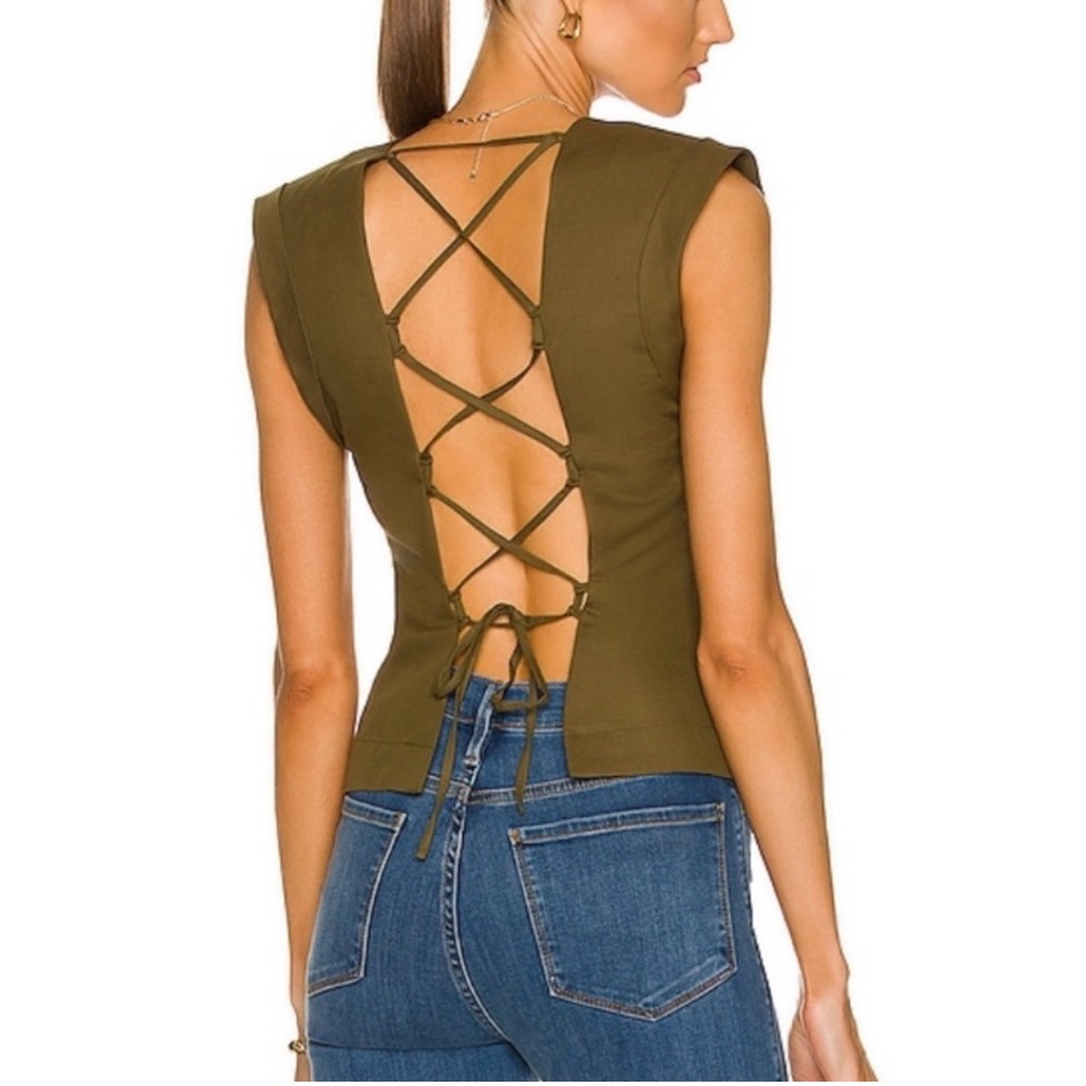 FRAME Olive Green Linen Blouse with Lace Up Back Size Large NEW